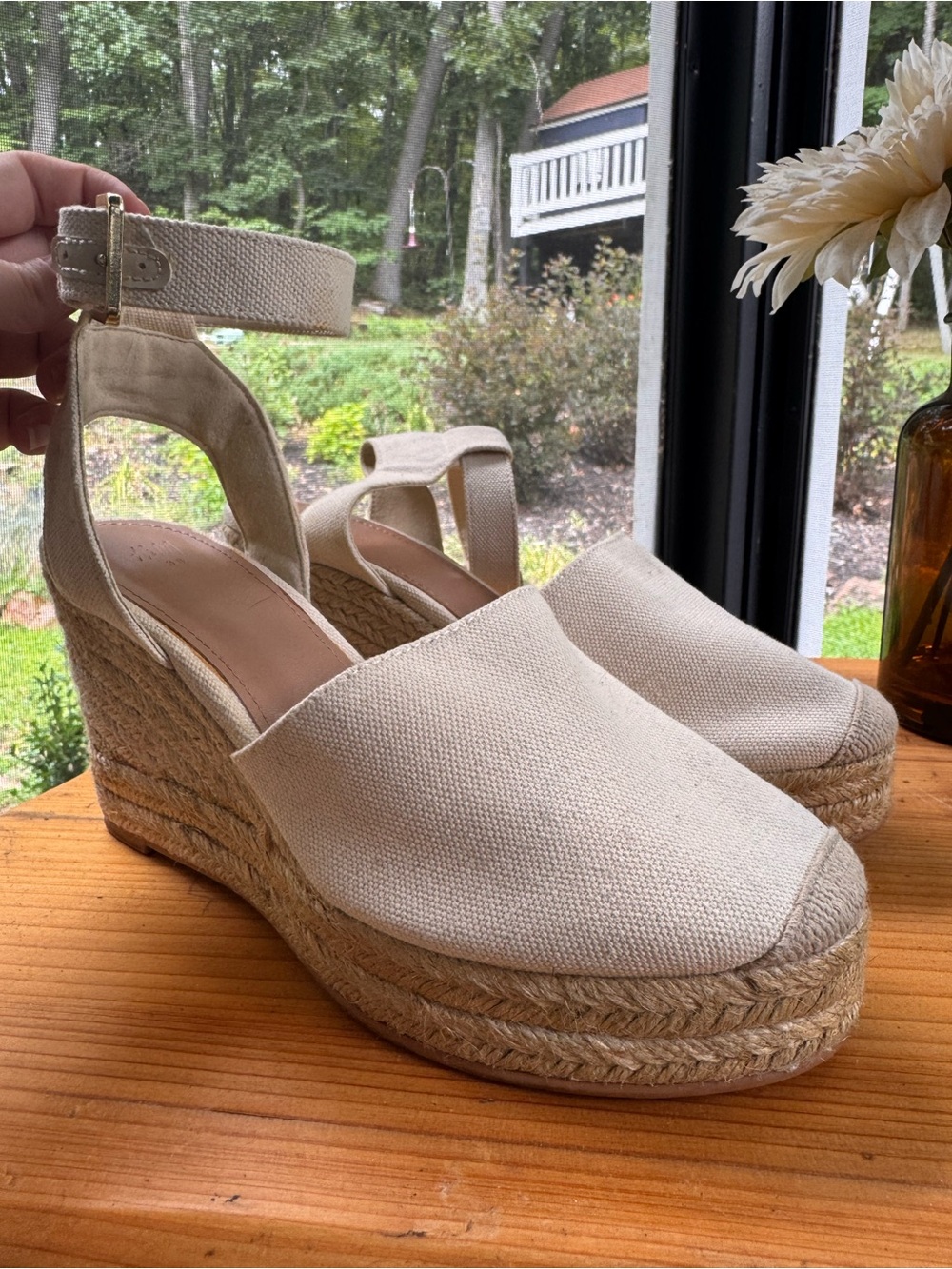H&M Cream Canvas Espadrille Wedge Sandals with Ankle Strap